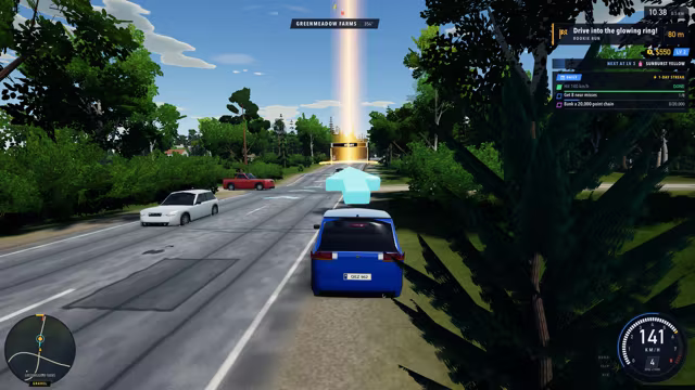 A blue hatchback heading for the checkpoint
