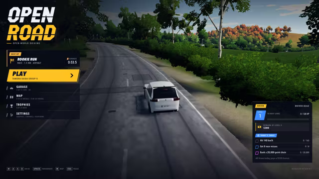 The Open Road menu over a country road