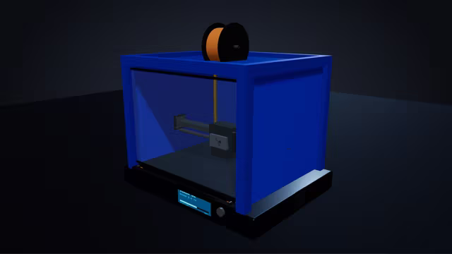 A blue enclosed printer